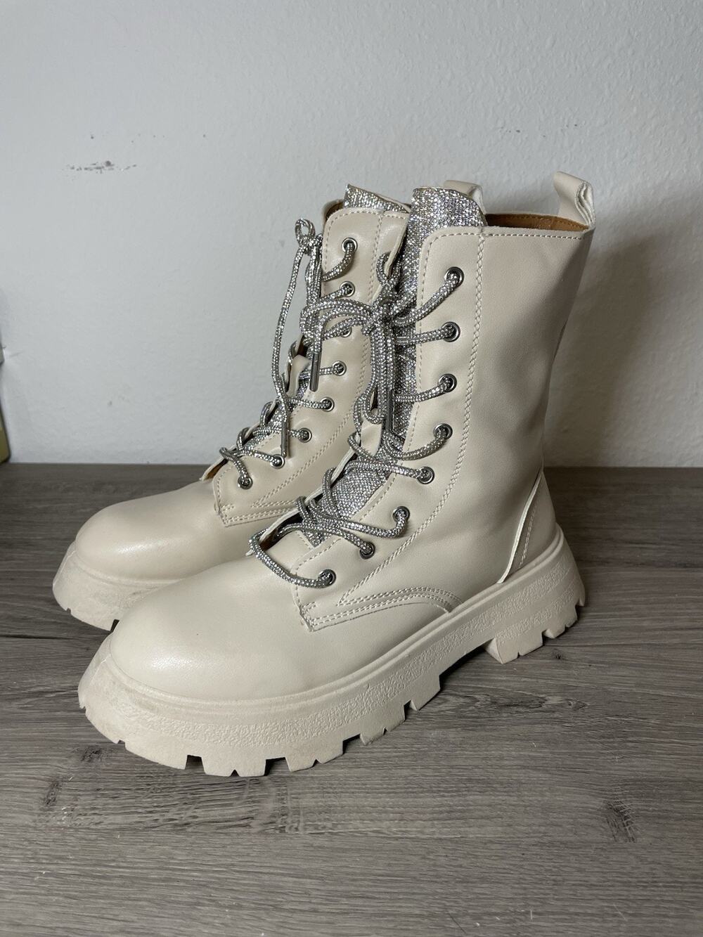 Charlotte Russe Cream Rhinestone Combat Boots Glitter Tongue Lug Sole